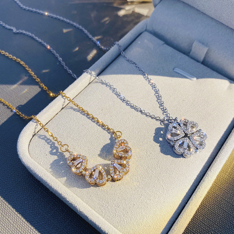 Collar de trébol de cuatro hojas con forma de corazón plegable magnético