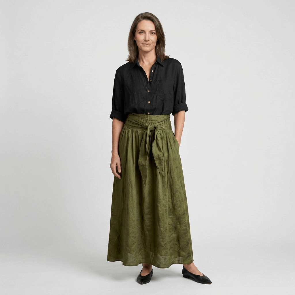 EVA BLANCA™ Vera – Conjunto Elegante de Dos Piezas (Blusa Negra y Falda Midi Verde Oliva)
