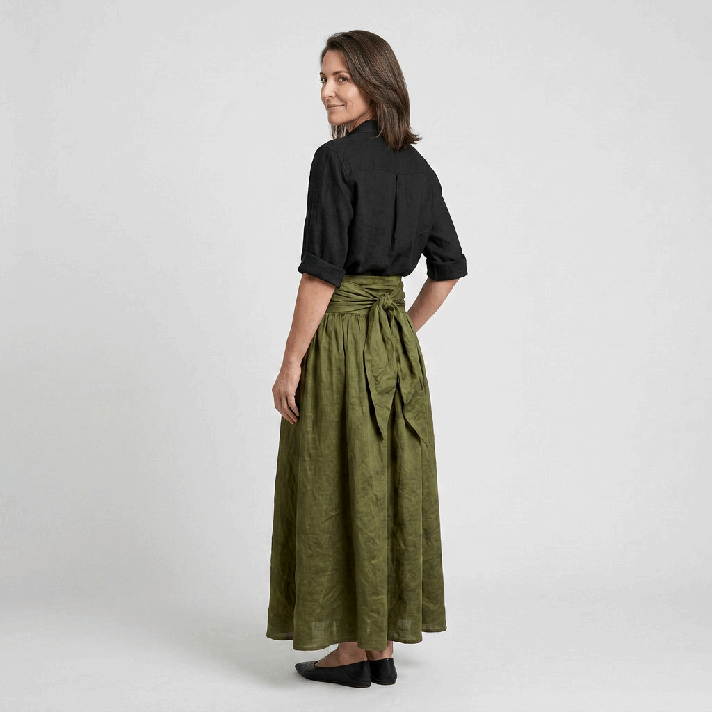 EVA BLANCA™ Vera – Conjunto Elegante de Dos Piezas (Blusa Negra y Falda Midi Verde Oliva)