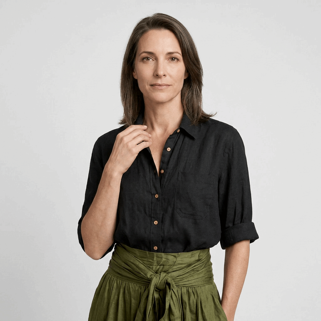 EVA BLANCA™ Vera – Conjunto Elegante de Dos Piezas (Blusa Negra y Falda Midi Verde Oliva)