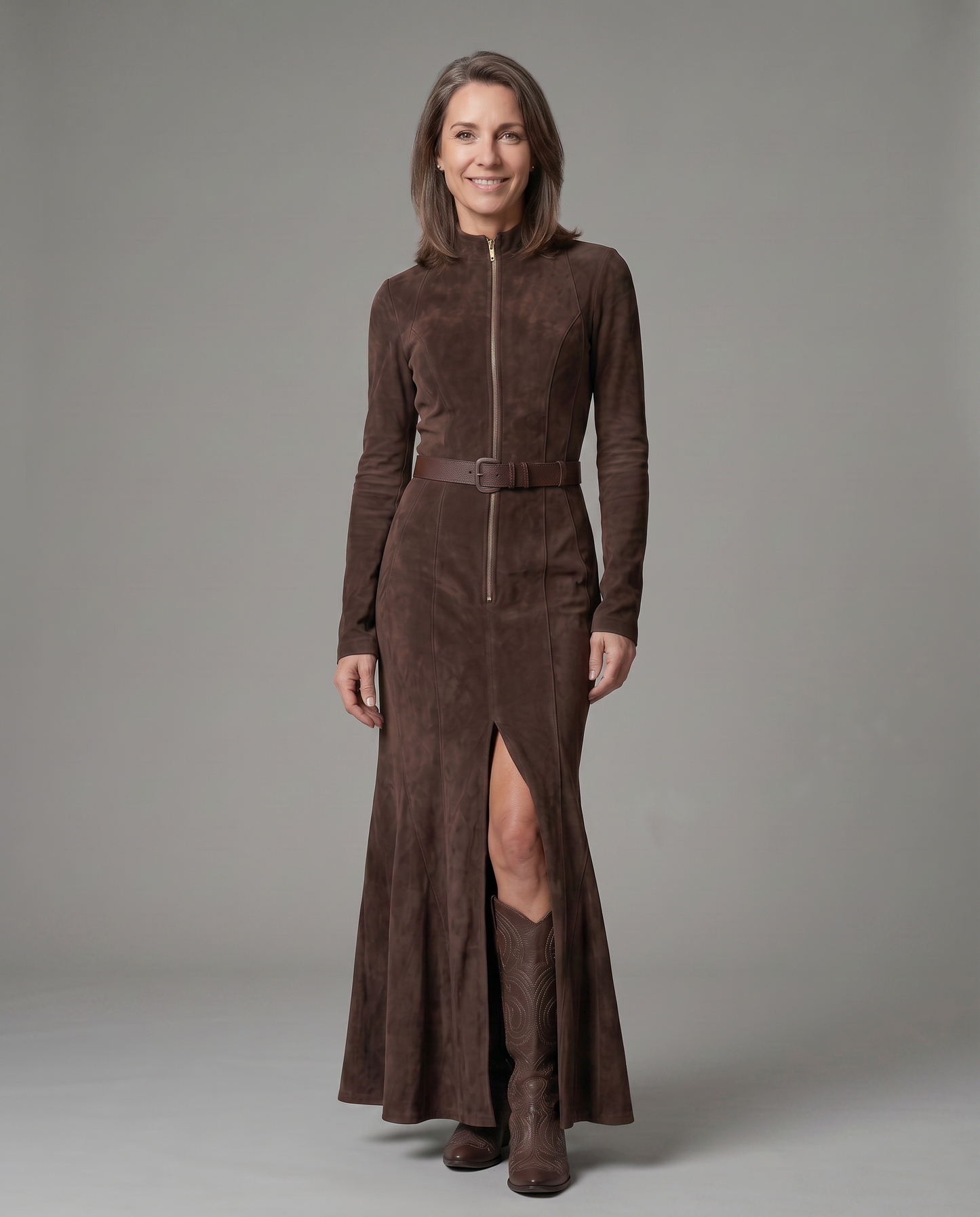EB SAMANTA™ | VESTIDO LARGO VINTAGE MARRÓN CON CINTURÓN