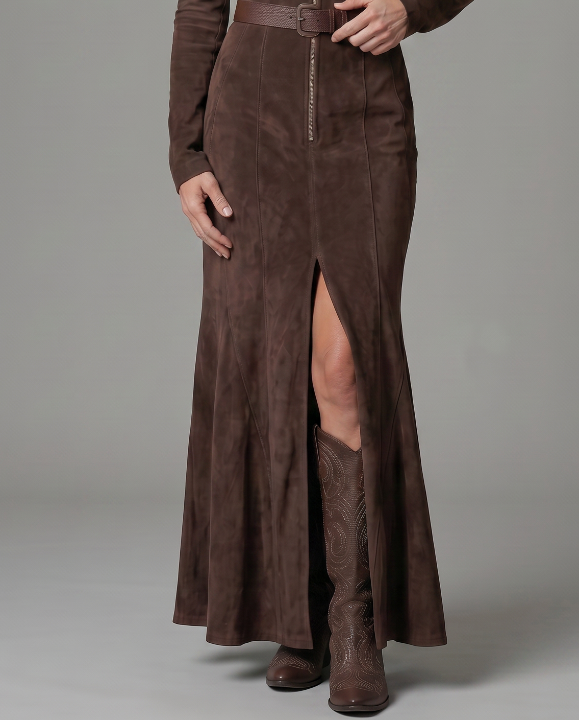 EB SAMANTA™ | VESTIDO LARGO VINTAGE MARRÓN CON CINTURÓN