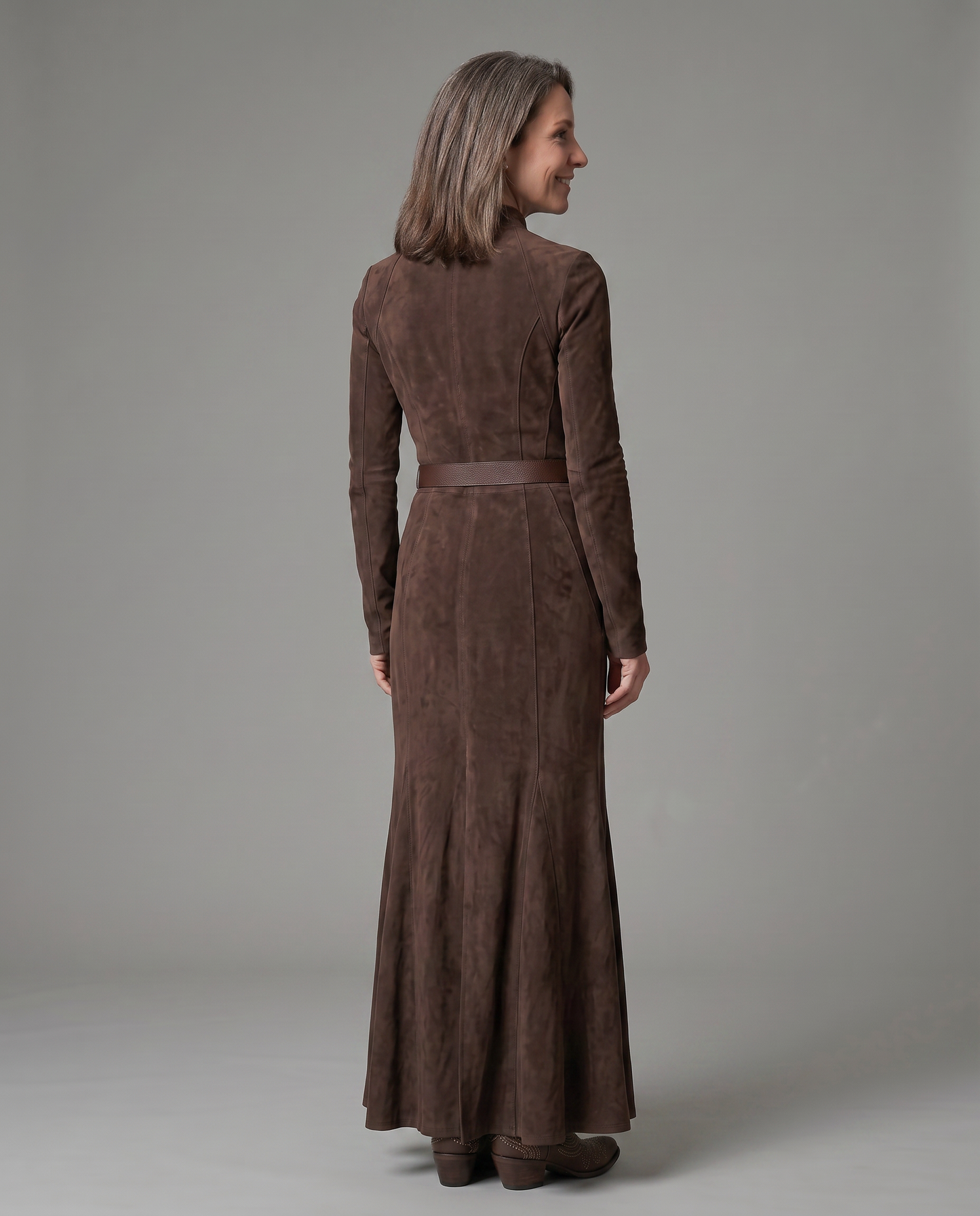 EB SAMANTA™ | VESTIDO LARGO VINTAGE MARRÓN CON CINTURÓN
