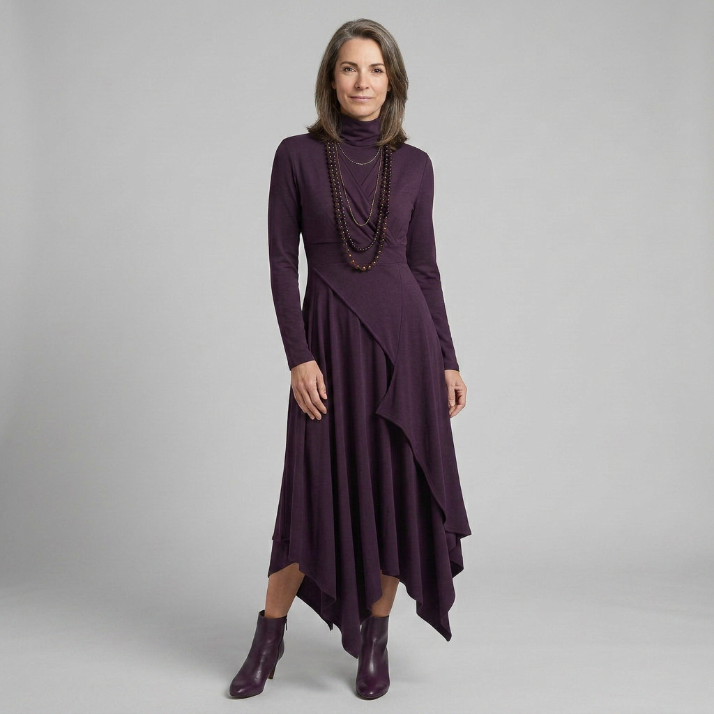 EB SANDRA™ | VESTIDO LARGO PLISADO ASIMÉTRICO CON CUELLO ALTO MORADO