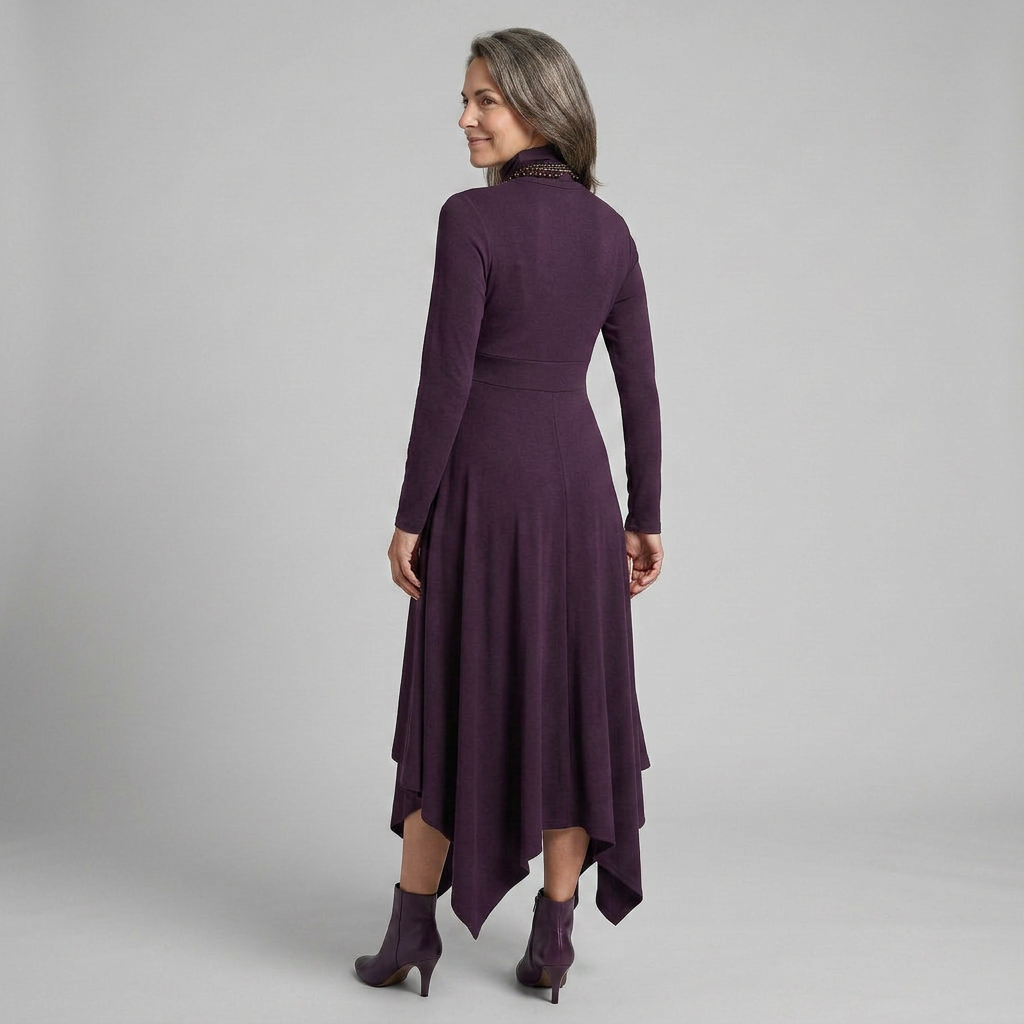EB SANDRA™ | VESTIDO LARGO PLISADO ASIMÉTRICO CON CUELLO ALTO MORADO