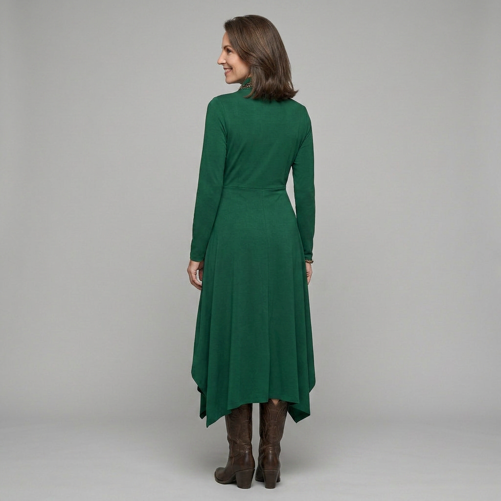 EB SANDRA™ | VESTIDO LARGO PLISADO ASIMÉTRICO CON CUELLO ALTO MORADO
