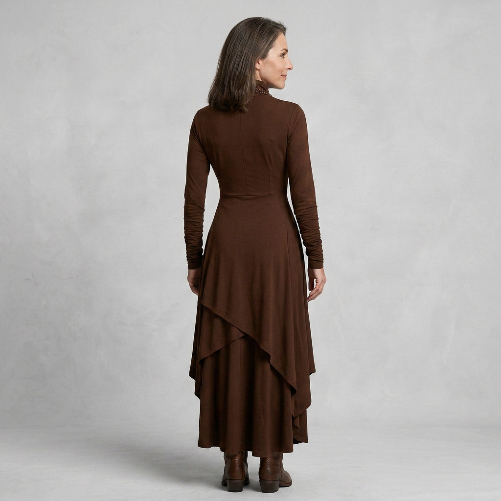EB SANDRA™ | VESTIDO LARGO PLISADO ASIMÉTRICO CON CUELLO ALTO MORADO