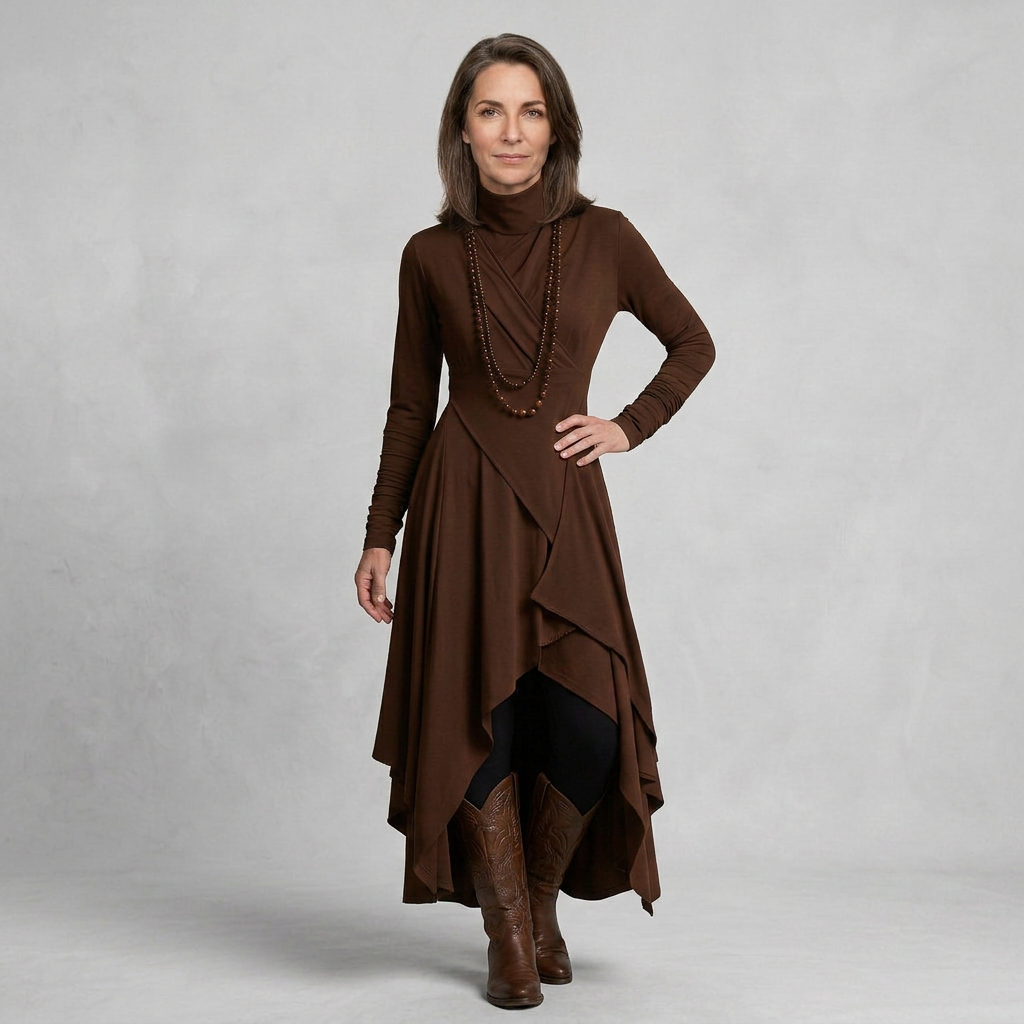 EB SANDRA™ | VESTIDO LARGO PLISADO ASIMÉTRICO CON CUELLO ALTO MORADO