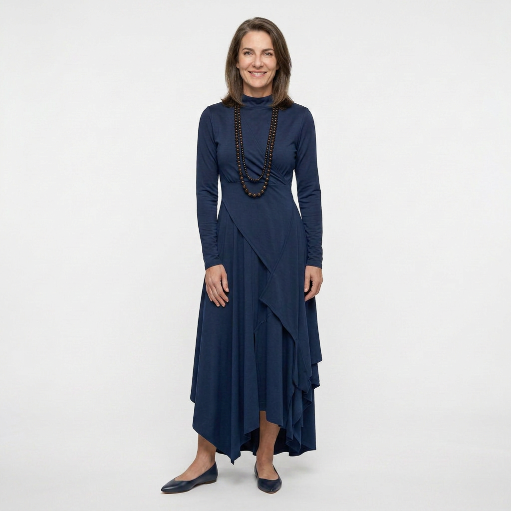 EB SANDRA™ | VESTIDO LARGO PLISADO ASIMÉTRICO CON CUELLO ALTO MORADO