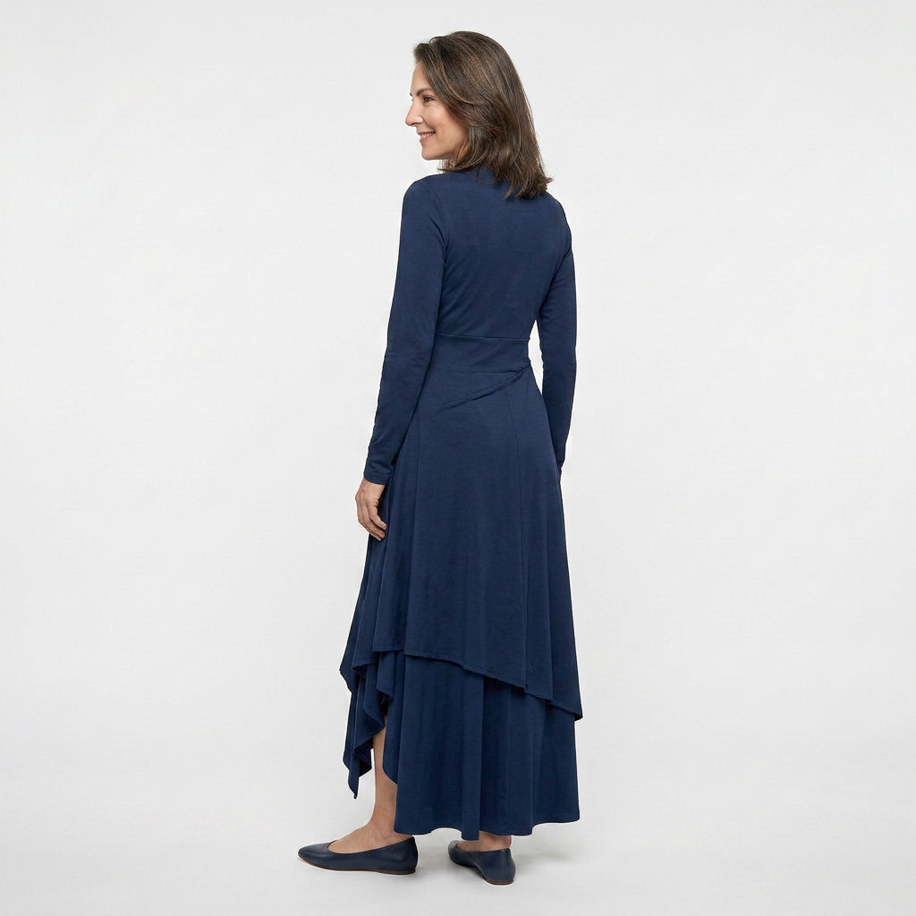 EB SANDRA™ | VESTIDO LARGO PLISADO ASIMÉTRICO CON CUELLO ALTO MORADO