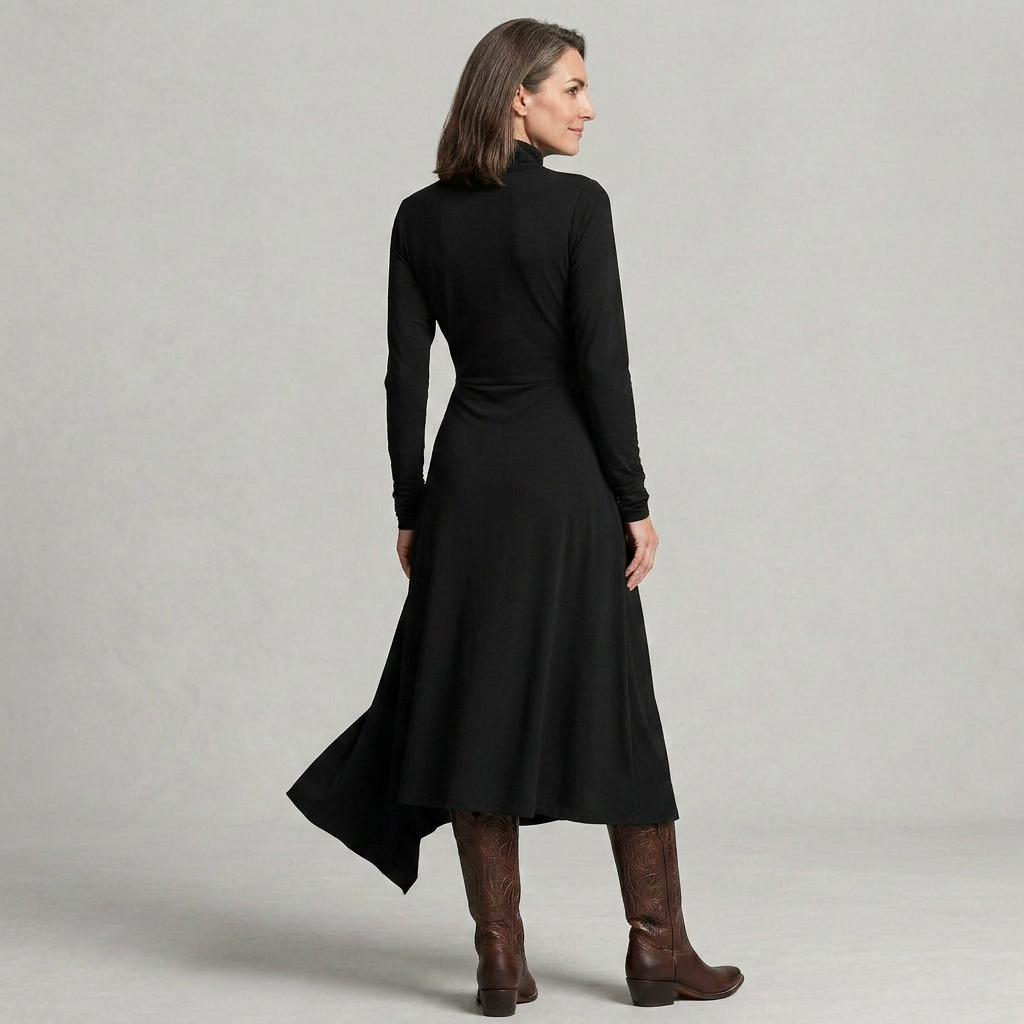 EB SANDRA™ | VESTIDO LARGO PLISADO ASIMÉTRICO CON CUELLO ALTO MORADO