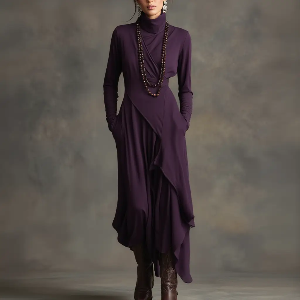 Sandra | Vestido largo plisado asimétrico con cuello alto morado