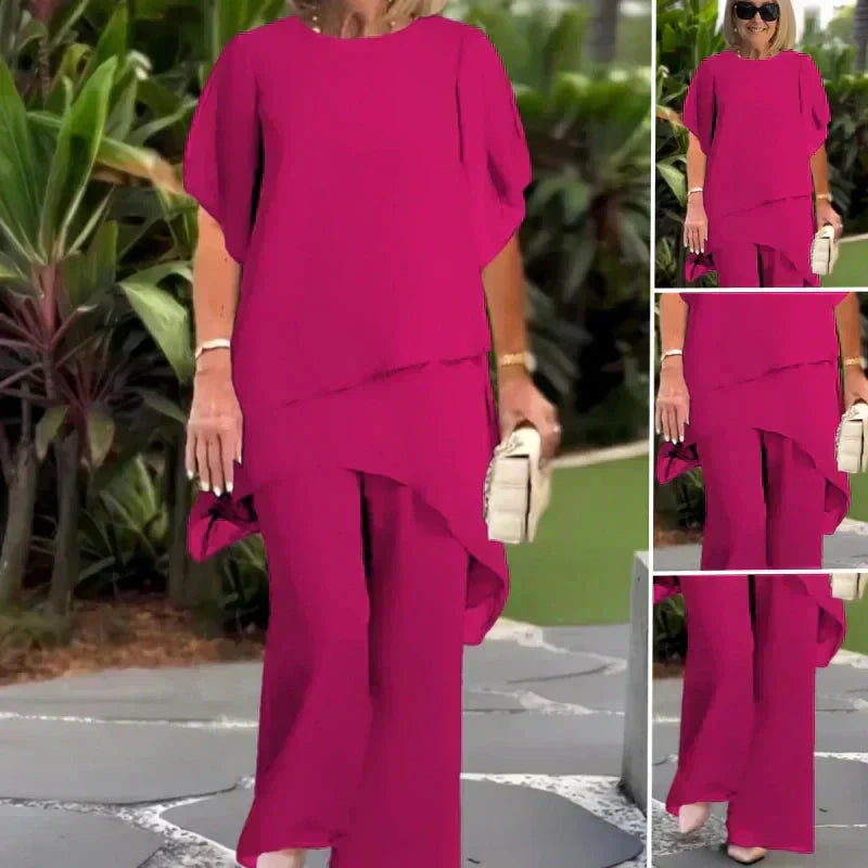 EB Conjunto elegante con top asimétrico y pantalones de pierna ancha.